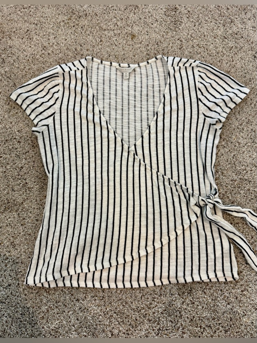 Lucky Brand Black & White Striped Wrap Short Sleeve Top